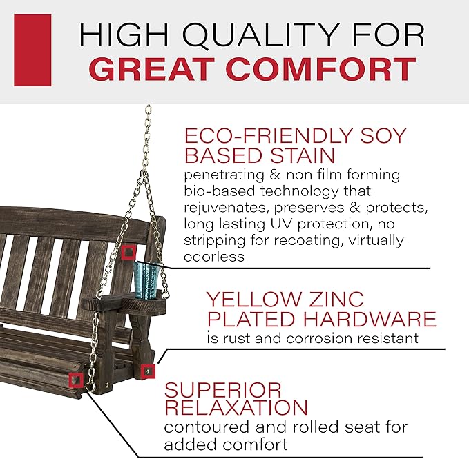 Amish Casual Heavy Duty 800 Lb Mission Treated Porch Swing with Hanging Chains and Cupholders (4 Foot, Dark Walnut Stain)