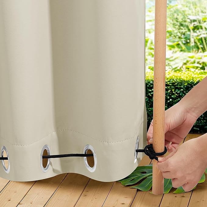 NICETOWN 2 Panels Outdoor Curtains for Patio Waterproof 84" Long, Windproof Grommet & Back Tab on Top & Bottom Thermal Insulated Sun Blocking Drapes with Rope for Gazebo, Beige, W100 per Panel