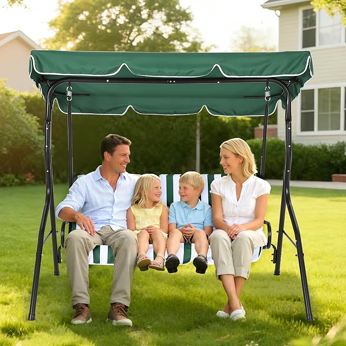 Outdoor Porch Swing Chair with Adjustable Canopy & Striped Seat Cushion for Adults 3-Seat Patio Glider Bench with Thick Cushions Steel Frame Outdoor Swing Chair for Backyard Lawn Garden Green