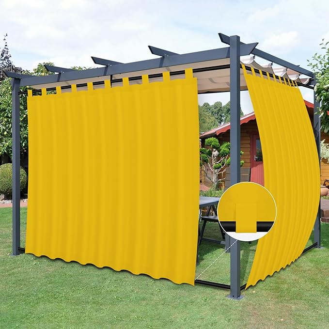 Easy-Going Outdoor Patio Curtains Detachable Tab Top Windproof Weatherproof Curtain for Cabana, Porch, Pergola and Gazebo, Tab Bottom Drape, 2 Panels, 110W x 96L inch, Yellow