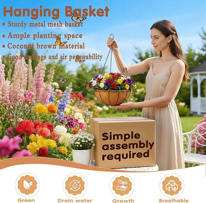 8 inch Metal Hanging Baskets For Plants Outdoor 4 Pack Round Metal Wire Hanging Basket Planter with Coco Fiber Liners Chain Round Wire Plant Holder for Garden, Patio, Deck, Porch Plants Flower Potss