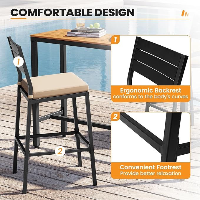 Crestlive Products Outdoor Bar Table and Chairs Set, 3 Piece Outside Patio Bar Set with 63" Long Bar Table and 2 Bar Stools for Balcony, Bistro, Garden, Backyard(Black Desktop and Beige Cushion)