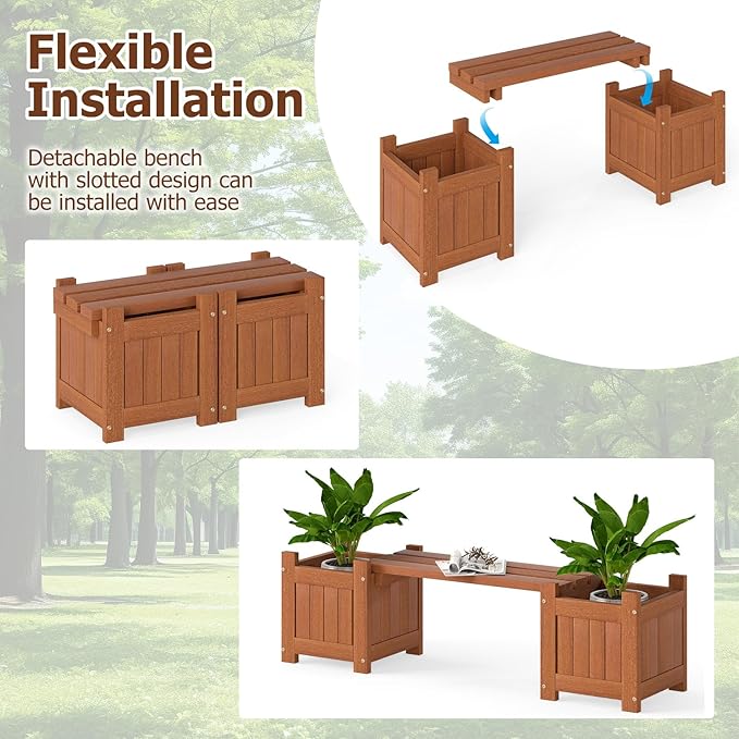 Giantex 2-in-1 Outdoor Bench with 2 Raised Garden Beds, Wood with Teak Oil Finish, Planter Boxes with Open-Ended Base, Garden Bench Seat for Porch Balcony Lawn Yard, DIY Assembly, 42"x11"x11.5"