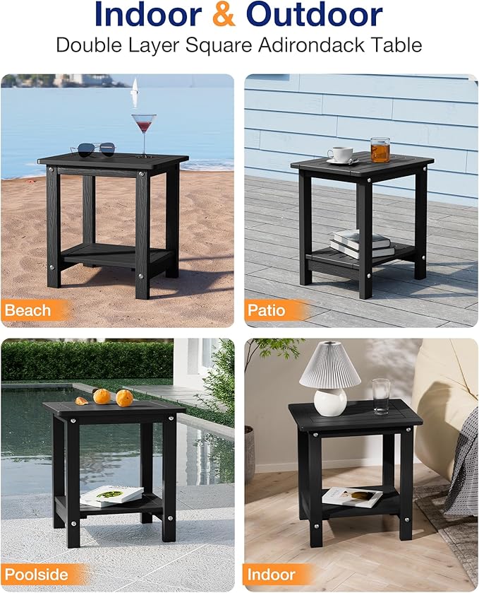 YEFU Outdoor Side Table for Patio: 16" HIPS Weather - Resistant Adirondack Tables Set of 2 - Small Square End Tables for Backyard Pool Porch Balcony - Indoor Outdoor Double Layer Table Black