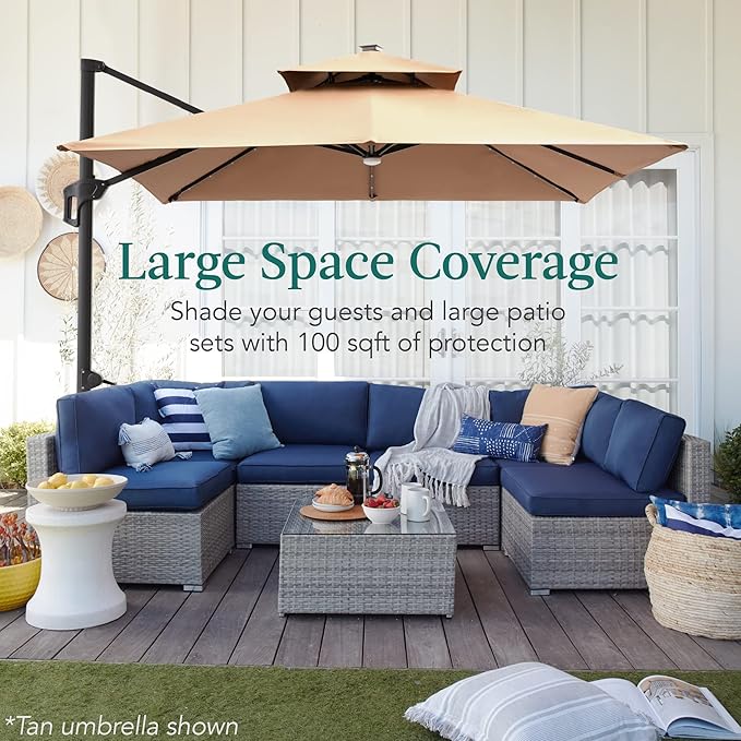 Best Choice Products 10x10ft Cantilever Patio Umbrella w/Base Included, Solar LED Lights 360 Rotation Large Offset Hanging Outdoor Shade for Deck Pool Backyard w/Stand – Gray