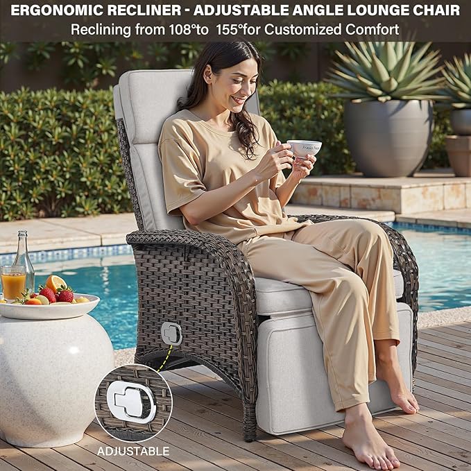 Belord Versatile Outdoor Recliner Chair Set of 3 - Reclining Patio Chair with Adjustable Backrest and Footrest, All-Weather Wicker Chaise Lounge Chair Outdoor with Side Table for Pool Deck Brown