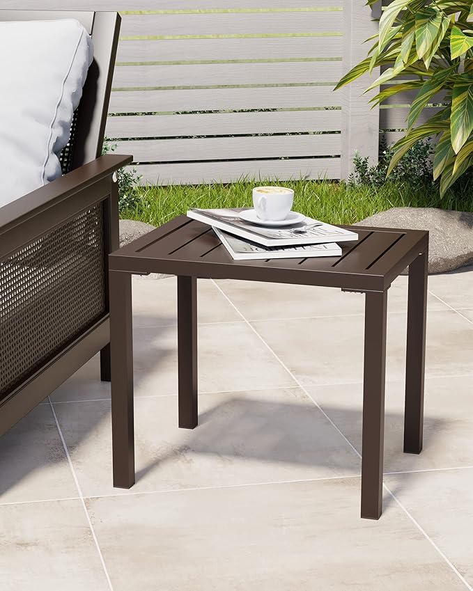 Crestlive Products Outdoor Side Table Set of 2, Aluminum Rectangular Side/End Table, Small Patio Coffee Bistro Table for Outdoor Indoor (Brown)