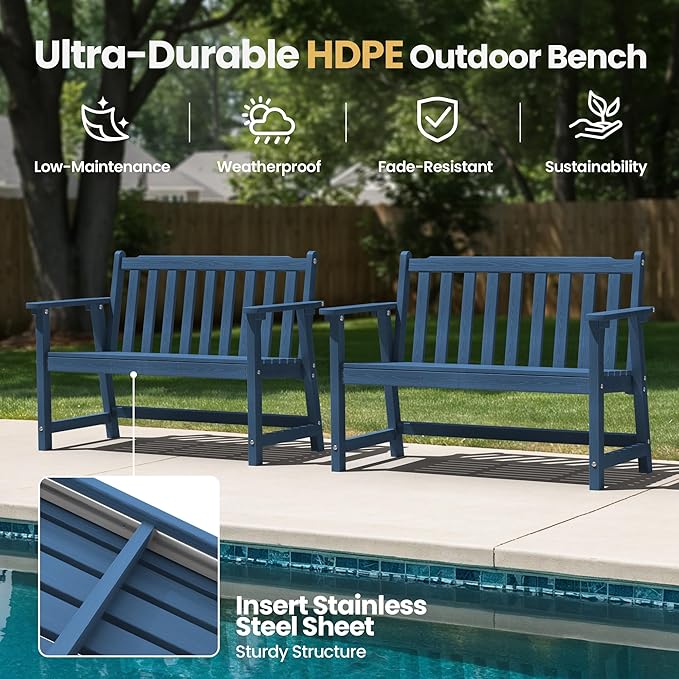 Ciokea 48" Outdoor Bench Set of 2, HDPE Weatherproof Garden Bench, 2-Person Memorial Benches with 550 Lbs, Waterproof Patio Porch Benches for Outside Business Deck Office Backyard Balcony, Navy Blue