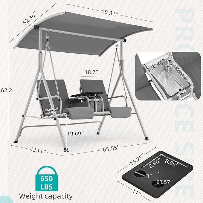 HOMREST 2 Seat Outdoor Porch Swing,Patio Swing with Adjustable Canopy, Heavy Duty 650 LBS Outdoor Swing with Pivot Storage Table & 2 Cup Holders & Cushions for Yard, Lawn, Backyard, Grey