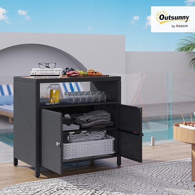 Outsunny Wicker Outdoor Storage Cabinet, Rattan Outdoor Bar Table with Acacia Wood Countertop, 2 Doors and Shelf, Buffet Cabinet Sideboard for Poolside, Garden, Patio, Backyard, Black