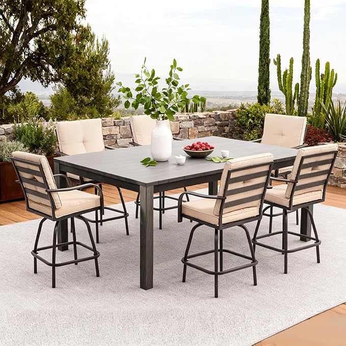 Outdoor Swivel Bar Stools Set of 6,Bar Height Patio Chairs with Cushions and High Backrest, All Weather Patio Bar Stools Furniture for Bistro Lawn, Pool, Garden and Backyard,Light Brown