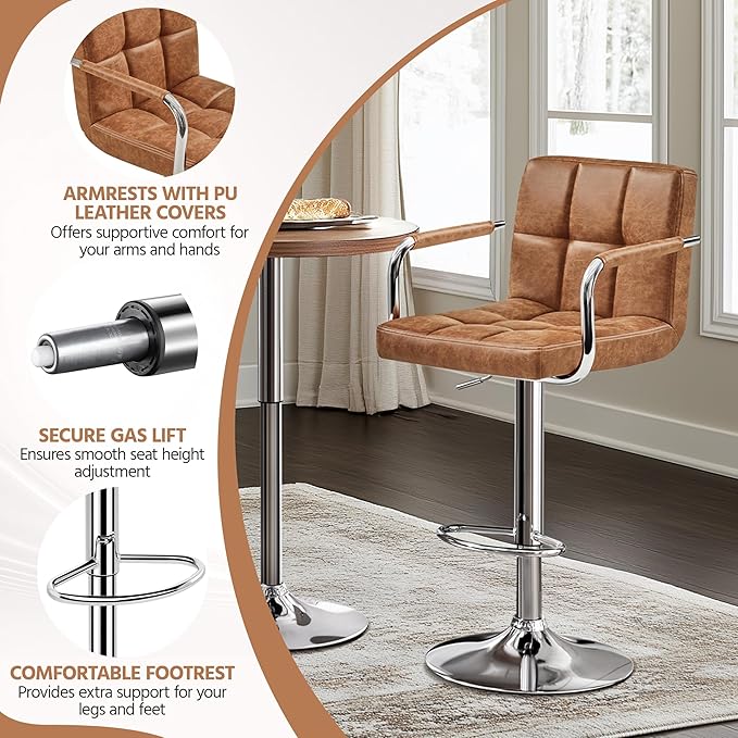 Yaheetech Bart Stools Set of 4, PU Leather Adjustable Barstools with Armrest, Counter Height Stool Chairs with Thickened Seat Cushion for Kitchen Island, Retro Brown