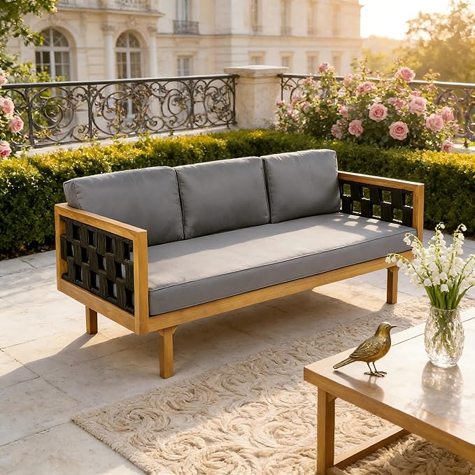 Christopher Knight Home Rosie Acacia Wood Outdoor Daybed Sofa with Water-Resistant Cushion, Solid Wood Patio 3 Seater Sofa Couch, Patio Garden Lounge Sofa with Woven Rope Accent, Black+Teak+Dark Gray