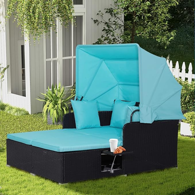Moccha Outdoor Daybed with Retractable Canopy, Wicker Cabana with 2 Side Tables & Soft Cushions ,Hand-Woven PE Rattan Bed Lounger, Patio Sectional Furniture Set for Garden Backyard Porch (Turquoise)
