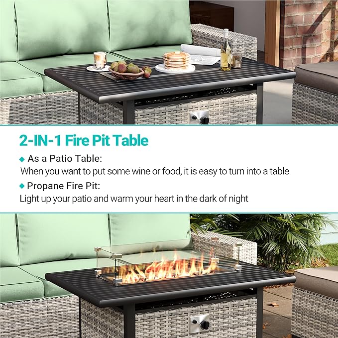 13-Piece Outdoor Patio Furniture Set with Rocking Swivel Chair, PE Wicker Rattan Sectional Sofa Patio Conversation Set with 55,000 BTU Fire Pit Table & Coffee Table, Light Green