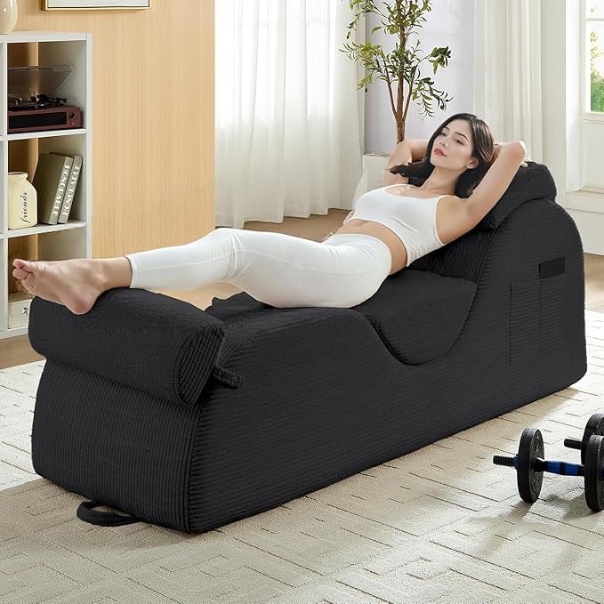 ijuicy 25" Wide Corduroy Yoga Chair, Yoga Lounge Chair for Adults, Chaise Lounge Chair Indoor/Yoga Lounger with Headrest, Waist Cushion, Movable Footrest, Side Pockets, High Density Sponge-Dark Grey
