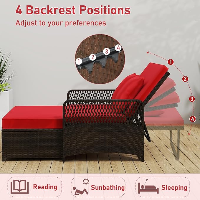RELAX4LIFE Wicker Patio Outdoor Daybed - Rattan Sunbed Loveseat Sofa Set w/4-Level Adjustable Back, Cushions & Pillows, Storage Ottoman, 2-Person Bed Lounger for Backyard Porch, Patio Daybed (Red)