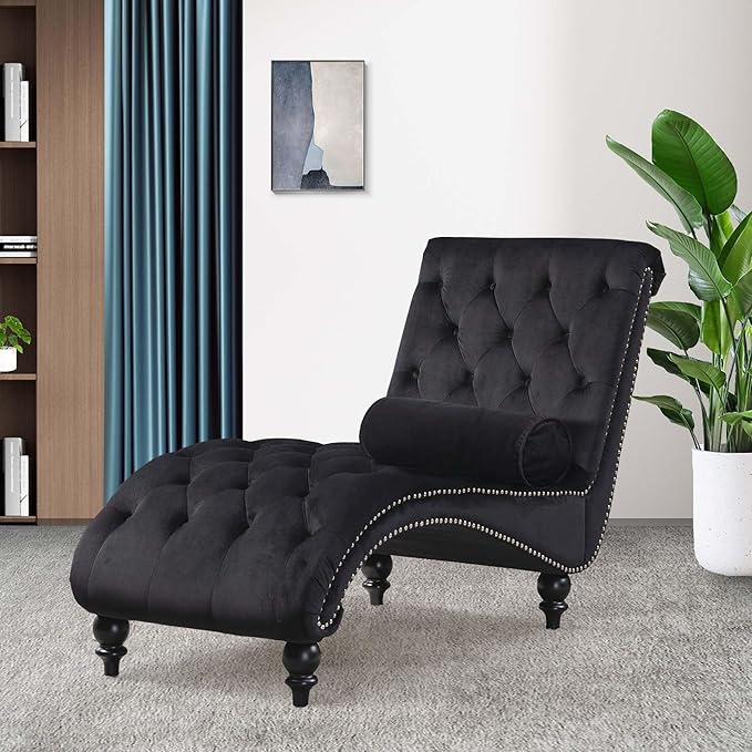 Chaise Lounge Indoor,Velvet Upholstered Lounge Chair Button-Tufted Armless Chair with Pillow, for Bedroom Living Room Office Modern Backrest Leisure Recliner Sleep Sofa,Black
