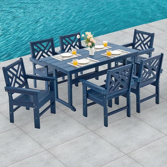HDPE Dining Table Set for 6,7-Piece Outdoor Table and Chairs Include 6 Dining Chairs and 62.5" Patio Dining Table with Umbrella Hole (Blue)