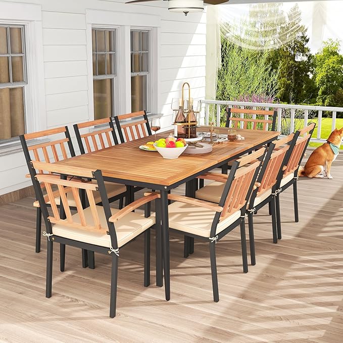 Tangkula 9-Piece Patio Dining Set, 79" Rectangle Dining Tables with 8 Wooden Armchairs, Outdoor Acacia Wood Dining Furniture Set with 1.9" Umbrella Hole for Garden, Porch, Deck