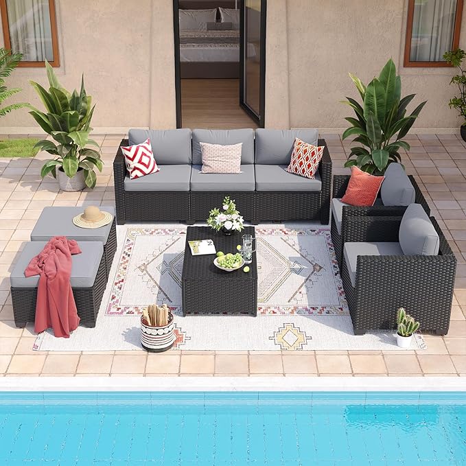 Aoxun 8 Piece Outdoor Patio Furniture Set 7 Seats, Outdoor Sectional with Thick Waterproof Cushions & Storage Coffee Table, Patio Conversation Sets for Garden,Backyard, Porch, Balcony, Deck, Gray