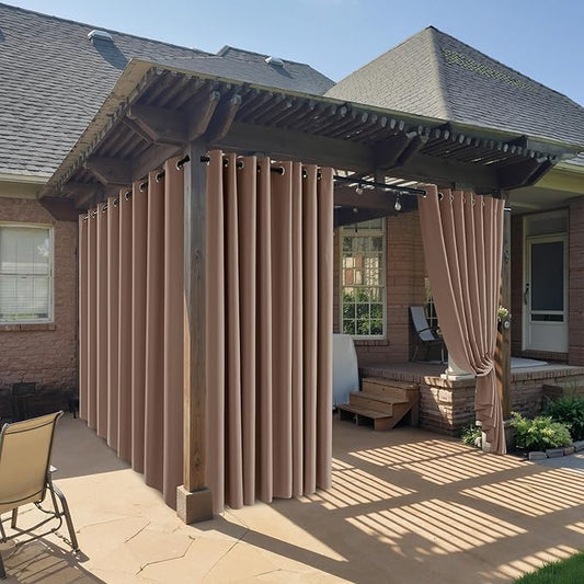 RYB HOME Outdoor Curtains for Patio Waterproof Block Sunlight Thermal Insulated Privacy Assured Thick Outside Curtains for Pergola, Cabana, Gazebo, W52" x L72", Mocha, 1 Panel