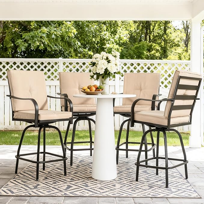 Outdoor Swivel Bar Stools Set of 4,Bar Height Patio Chairs with Cushions and High Backrest, All Weather Patio Bar Stools Furniture for Bistro Lawn, Pool, Garden and Backyard,Light Brown
