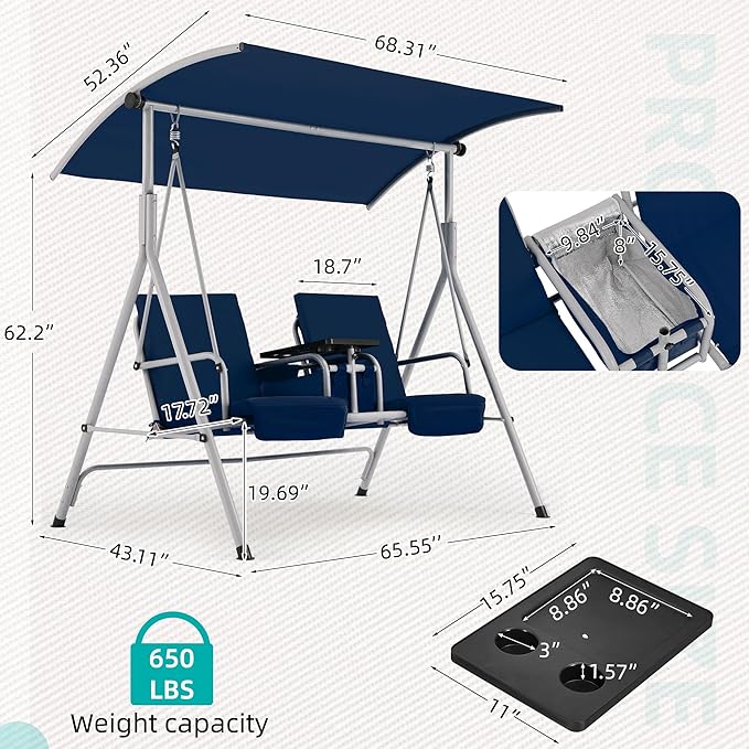 HOMREST 2 Seat Outdoor Porch Swing,Patio Swing with Adjustable Canopy,Heavy Duty 650 LBS Outdoor Swing with Pivot Storage Table & 2 Cup Holders & Cushions for Yard, Lawn, Backyard (Blue)