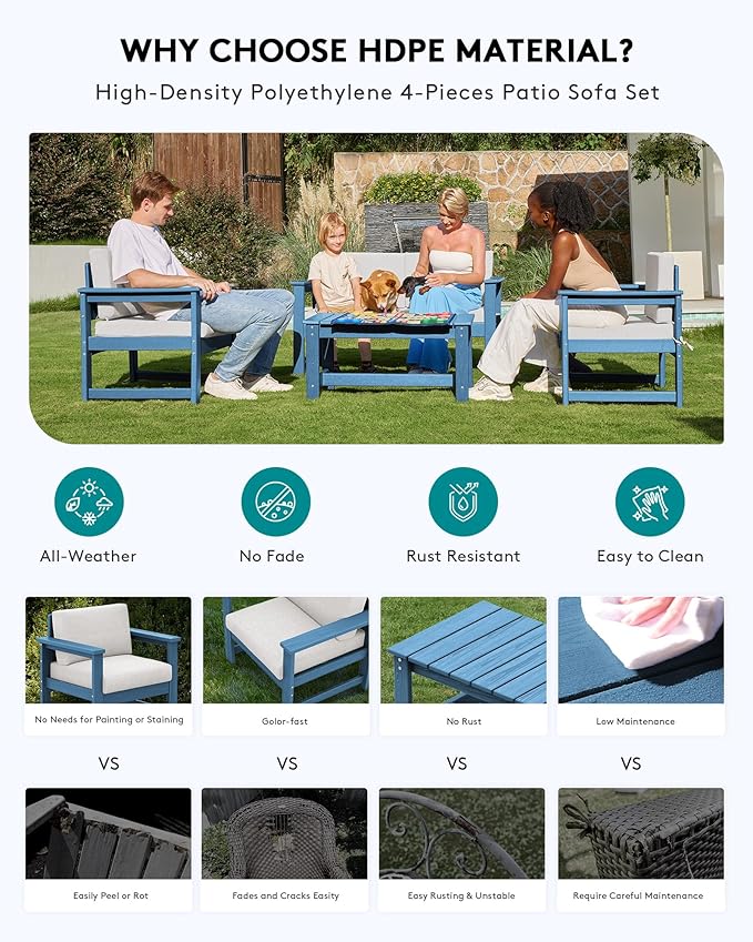 SERWALL 8 Pieces HDPE Outdoor Conversation Sofa Set with Cushions, All Weather Use Couch Loveseat Furniture with Side Table for Balcony, Deck, Poolside, Blue Frame with Khaki Cushions