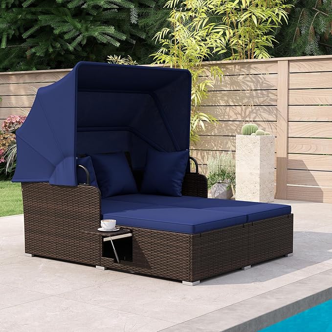 RELAX4LIFE Patio Outdoor Daybed with Canopy, Wicker Rattan Sunbed w/Cushions, 4 Pillows & 2 Retractable Side Trays, 2-Person Lounge Bed Conversation for Poolside Porch Garden (Mix Brown-Navy)