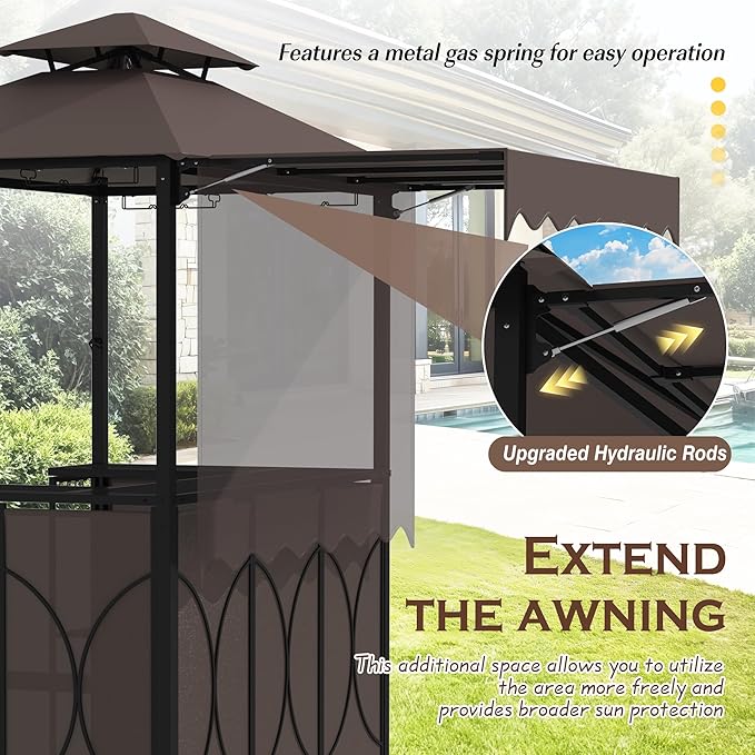 Grepatio 3 Piece Patio Bar Set with Canopy, Grill Gazebo with Bar Table and 2 Foldable Stools, Outdoor Bar Set with Storage Shelves, Extra Adjustable Shadow, Glass Holders for Garden Backyard