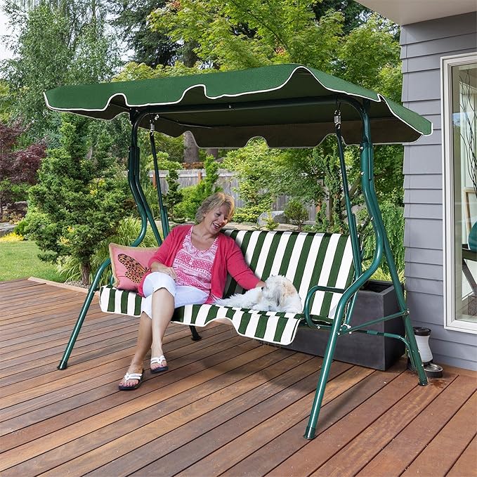 Porch Swing Outdoor, 3 Person Patio Swing w/Removable Cushion, Stand & Adjustable Canopy, Heavy Duty Swing Chair for Patio, Garden, Courtyard, Poolside