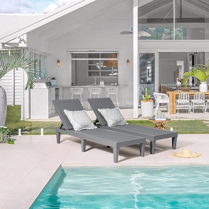 Greesum Outdoor Chaise Lounge Chairs Set of 2 with 5-Position Adjustable Backrest, Waterproof PP Sun Chaise Loungers for Garden Pool Beach Patio Deck Sunbathing, Grey