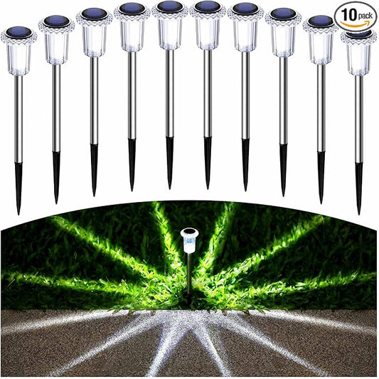 Solar Pathway Lights 10 Pack Christmas Solar Lights Outdoor Waterproof 6000K Cold White Yard Lighting, LED Stainless Steel Stake (Pink, 10 Pack)