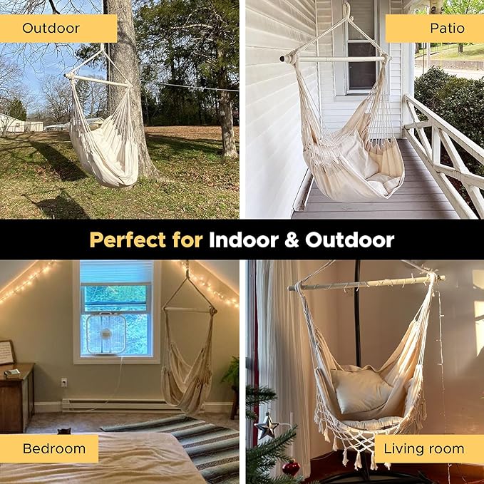 MIZTLI Hammock Chair Hanging Chair Swing Chair XXL Large Macrame Swing Indoor Hammock for Bedroom - Max 500 Lbs - All Hanging Kit Included