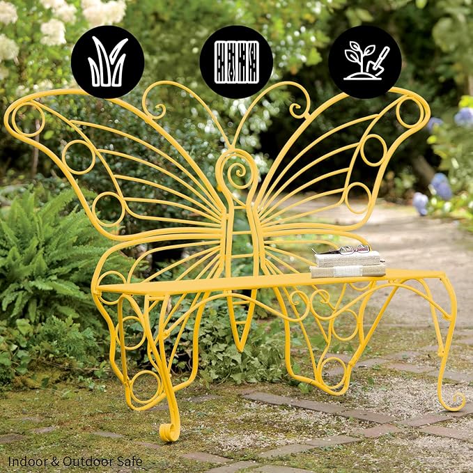 Plow & Hearth Weatherproof Butterfly Outdoor Bench | Holds Up to 300 lbs | Garden Patio Porch Park Deck | Metal | Yellow