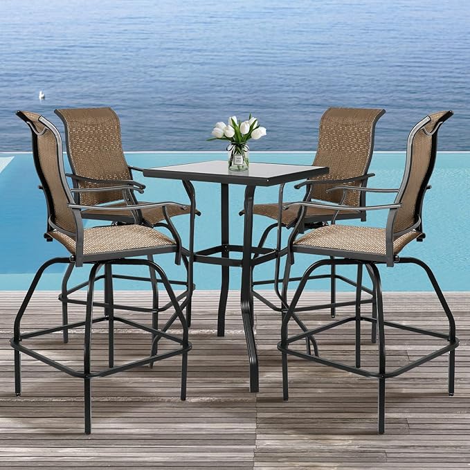 LEVELEVE Patio Bar Set 5pcs Swivel Bar Stools Outdoor Bistro Textilene Furniture Stability All-Weather Set with Height Table (5, Dark Brown Fabric)