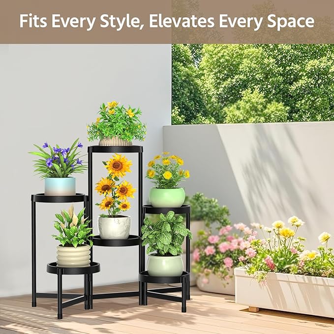 LASZOLA 6 Tiered Folding Plant Stand Indoor for Multiple Large Planter, Tall Heavy Duty Adjustable Rack with Rust Proof Plastic Shelving, Sturdy Vertical Tree Organizer for Narrow Inside Floor, Black