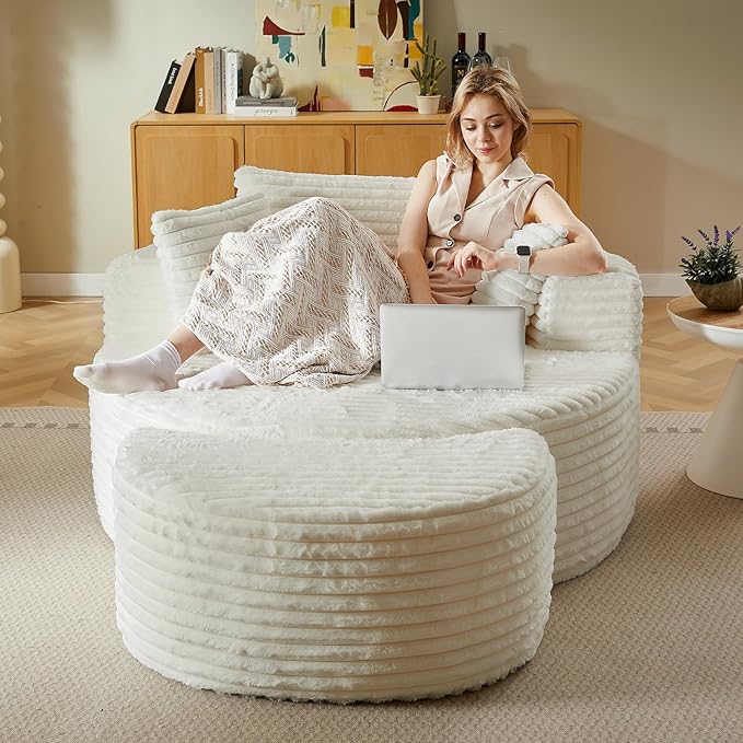 74.6" Oversized Round Chaise Lounge Chair with Ottoman Indoor, Fluffy Upholstered Corduroy Deep Seat Large Boneless Circle Couch Sofa Chairs for Living Room, Bedroom, No Assembly Required, White