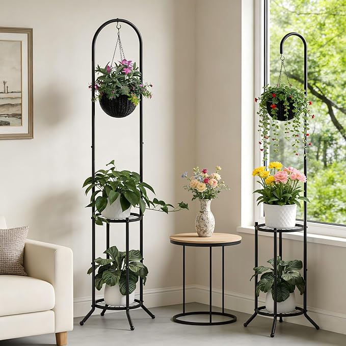2-tier Hanging Plant Stand Plant Hanger Indoor Outdoor Corner Plant Stands for Indoor Plants, Space-Saving Iron Planter Shelves, Multiple Flower Pot Display Holder Shelf with Hanging Hook, Indoor Outdoor Heavy Duty Planter Shelving Unit (n-style,Black)