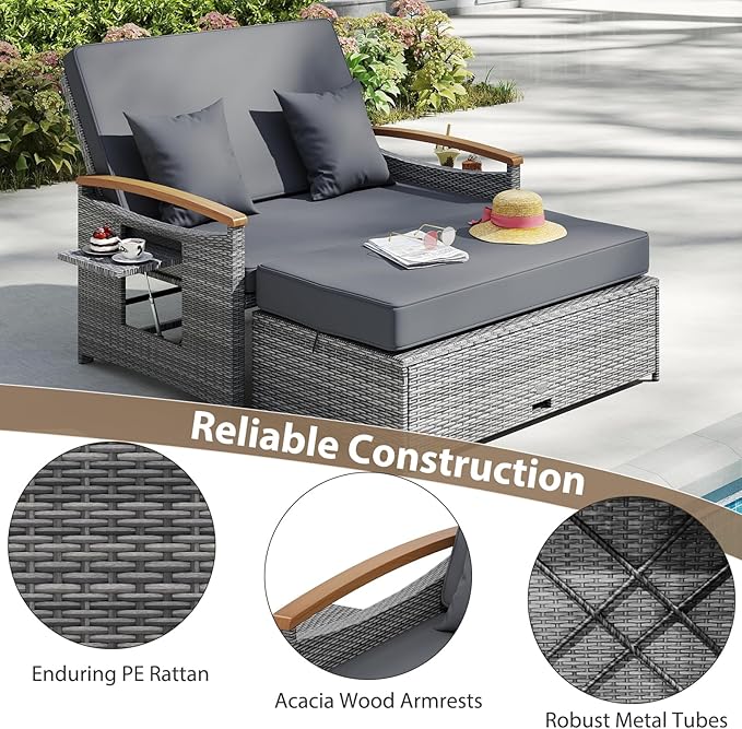LDAILY Moccha Outdoor Wicker Daybed, Patio Rattan Loveseat Sofa w/ 4-Level Adjustable Backrest, Folding Panels, Storage Ottoman & Cushions, Lounge Furniture Set for Poolside Backyard Porch (Grey)
