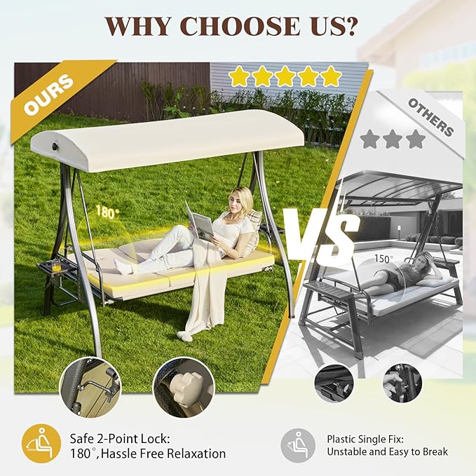 Upgrade 180° Convertible Outdoor Swing for Adults, Outdoor Porch Swing with Stand 800lb Bearing Capacity, 3-Seat Outdoor Swing with Canopy Adjustable, Thickened Cushions (Square, Khaki)