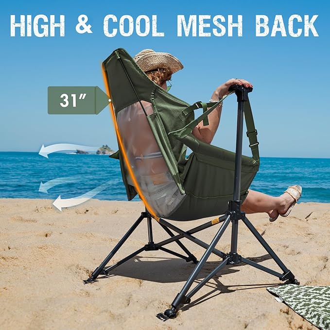 Portal Hammock Camping Chair, Portable Outdoor Swinging Chairs with Adjustable Back and Height for Lawn, Backyard, Patio, Supports 400 lbs, Breathable Mesh High Back, Green