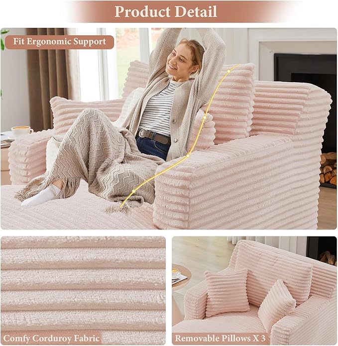 65.4" Chaise Lounge Chair Indoor, Oversized Boneless Couch Comfy Upholstered Sleeper Sofa Bed with 3 Pillows, Corduroy Cloud Reading Chair for Living Room No Assembly Required, Pink