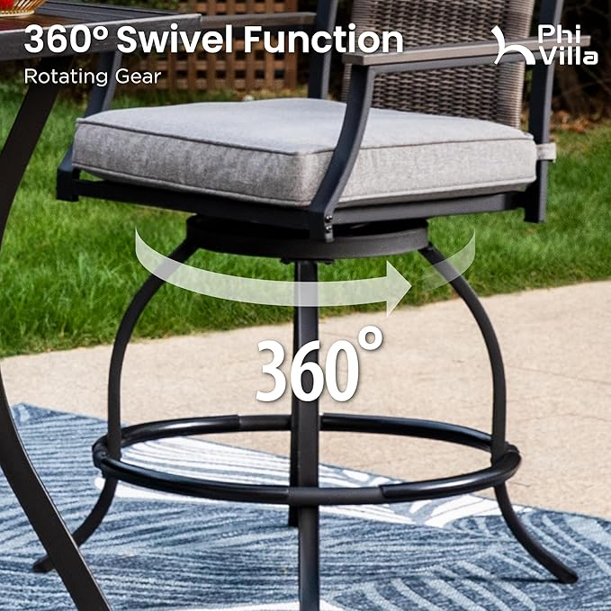 PHI VILLA 3 Piece Outdoor Bar Furniture Set, Counter Height Patio Bar Bistro Table (Square) & Rattan Wicker Bar Stools Chairs with All Weather Cushions for Backyard, Deck and Porch