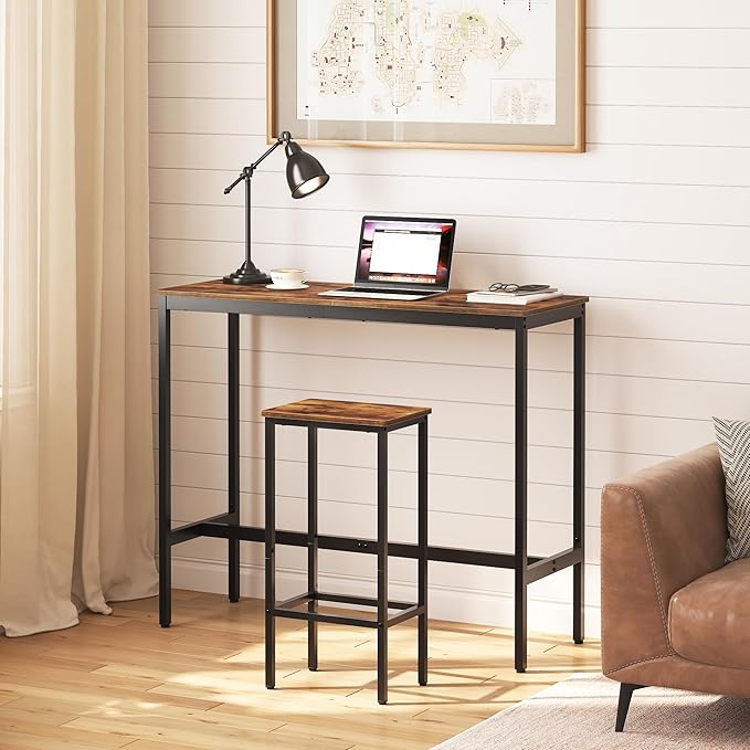 Set of 2 Bar Stools, 29.5" Tall Counter Bar Stools, Kitchen Breakfast Bar Chairs with Footrest, Rectangular Industrial Bar Chairs, for Dining Room, Rustic Brown and Black BAHR01701