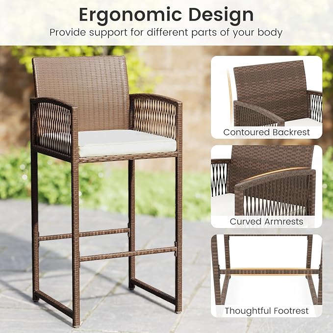 Tangkula Patio Bar Stools Set of 4, PE Rattan Bar Height Chairs with Backrests, Armrests, Footrests & Soft Cushions, Outdoor High Top Barstools with Metal Frames for Backyard (4 Pack)