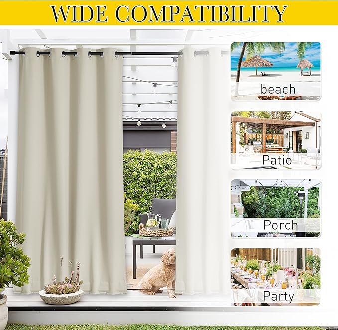 NICETOWN 2 Panels Outdoor Curtains for Patio Waterproof & Windproof, Extra Wide Grommet & Back Tab on Top & Bottom Thermal Insulated Sun Blocking Drapes with Rope for Gazebo, Beige, W100 x L108