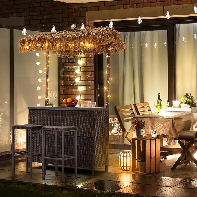 HOMREST Outdoor Tiki Bar Set, 3 Pieces Wicker Patio Bar Set w/2 Height Stools, Storage Shelf, Canopy, Plastic Wood Tabletop for Backyard Poolside Garden, Brown