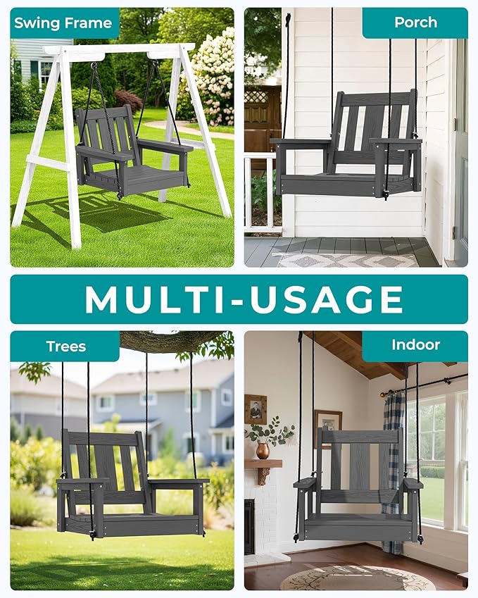 SERWALL HDPE Single Porch Swing Set of 2, Heavy Duty Single Person Swing Chair with 2 Polypropylene Hanging Ropes, Adirondack Hanging Chair for Outdoor Front Porch Patio Garden Yard, Gray